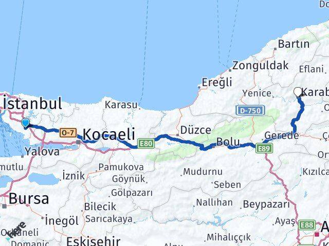 İstanbul Pendik Kurtköy Karabük Arası Kaç Km - Yol Haritası