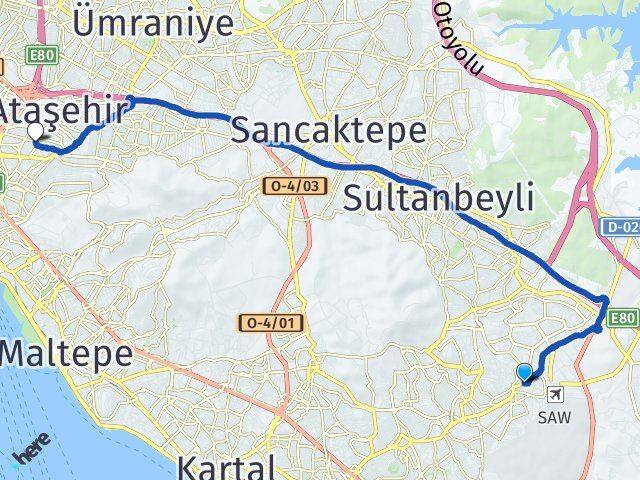 İstanbul Pendik Kurtköy Küçükbakkalköy Ataşehir Arası Kaç Km - Yol Haritası
