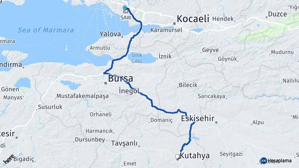 İstanbul Pendik Kurtköy Kütahya Arası Kaç Km - Yol Haritası