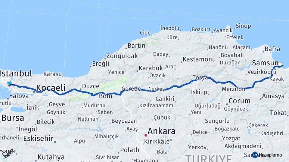İstanbul Pendik Kurtköy Samsun Arası Kaç Km - Yol Haritası