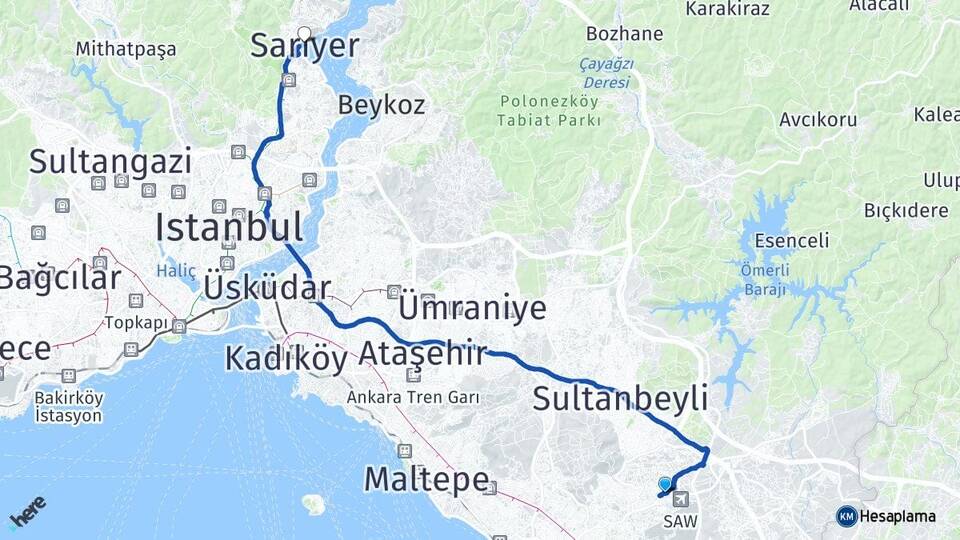 İstanbul Pendik Kurtköy Sarıyer Arası Kaç Km - Yol Haritası