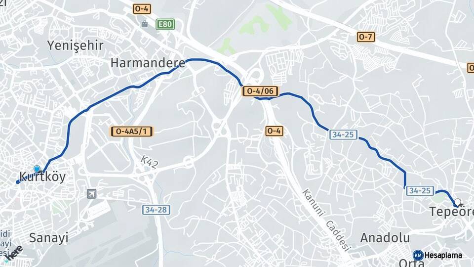 İstanbul Pendik Kurtköy Tepeören Tuzla Arası Kaç Km - Yol Haritası