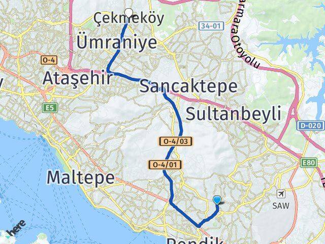 İstanbul Pendik Velibaba Çekmeköy Arası Kaç Km - Yol Haritası
