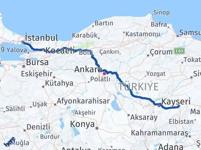 İstanbul Pınarbaşı Kayseri Arası Kaç Km - Yol Haritası