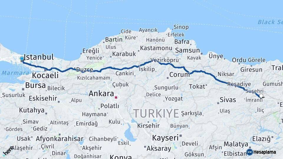 İstanbul Refahiye Erzincan Arası Kaç Km - Yol Haritası