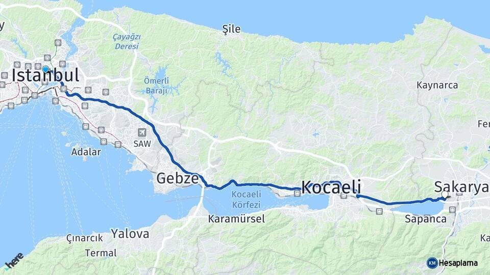 İstanbul Sakarya Üniversitesi Arası Kaç Km - Yol Haritası