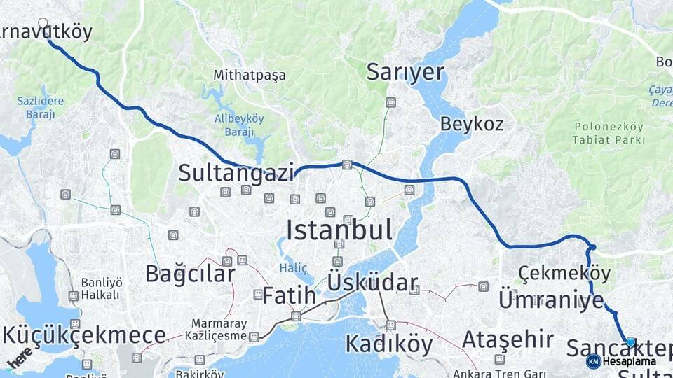 İstanbul Sancaktepe Arnavutköy Arası Kaç Km - Yol Haritası
