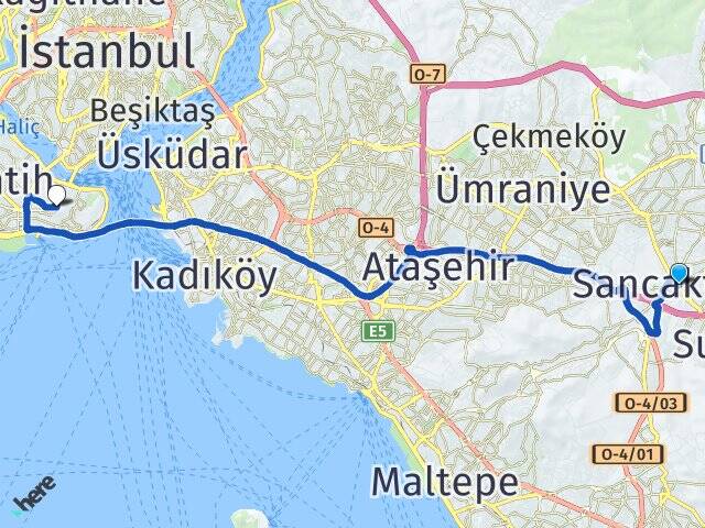 İstanbul Sancaktepe Beyazıt Fatih Arası Kaç Km - Yol Haritası