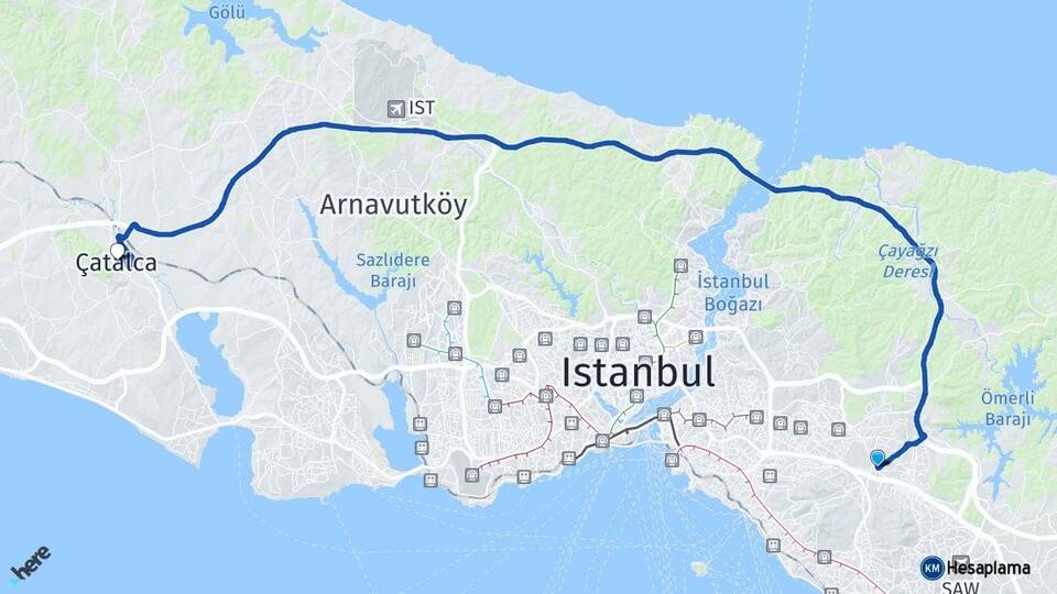 İstanbul Sancaktepe Çatalca Arası Kaç Km - Yol Haritası