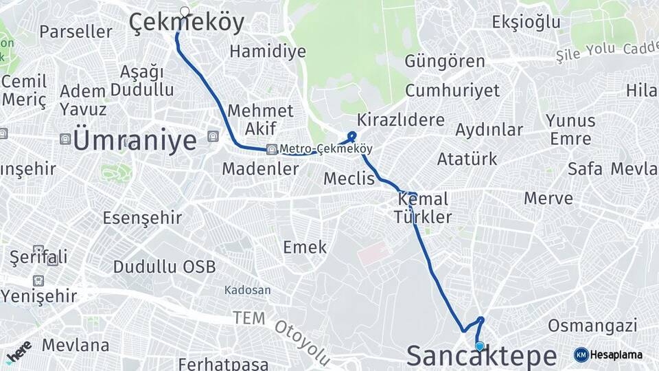 İstanbul Sancaktepe Çekmeköy Arası Kaç Km - Yol Haritası