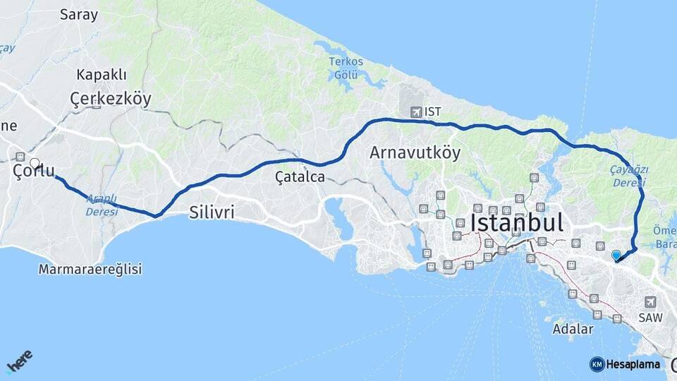 İstanbul Sancaktepe Çorlu Tekirdağ Arası Kaç Km - Yol Haritası