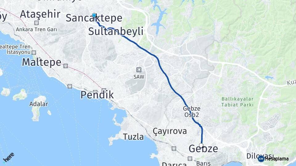 İstanbul Sancaktepe Gebze Kocaeli Arası Kaç Km - Yol Haritası