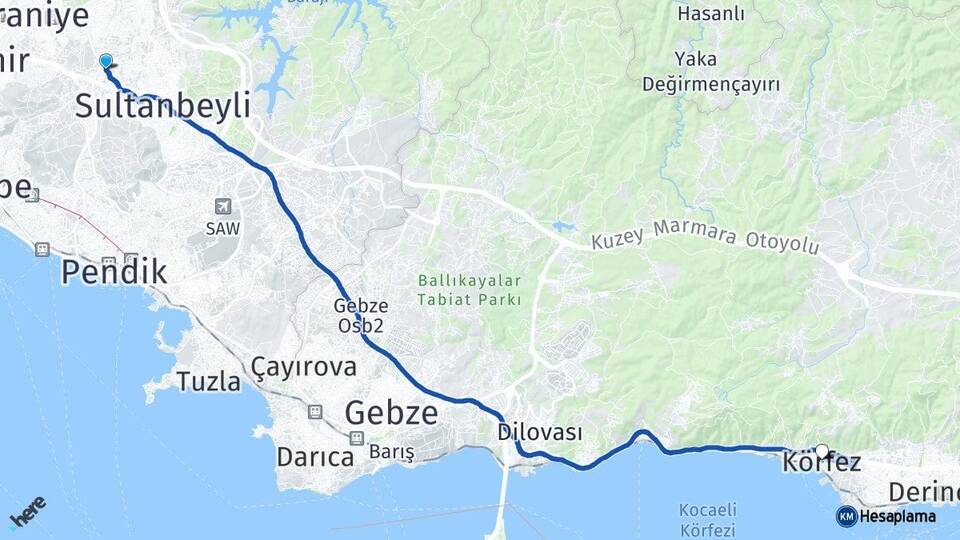 İstanbul Sancaktepe Körfez Kocaeli Arası Kaç Km - Yol Haritası