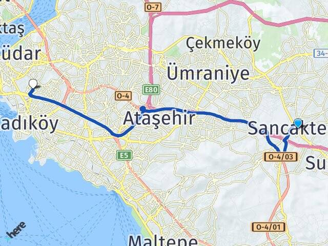 İstanbul Sancaktepe Koşuyolu Kadıköy Arası Kaç Km - Yol Haritası