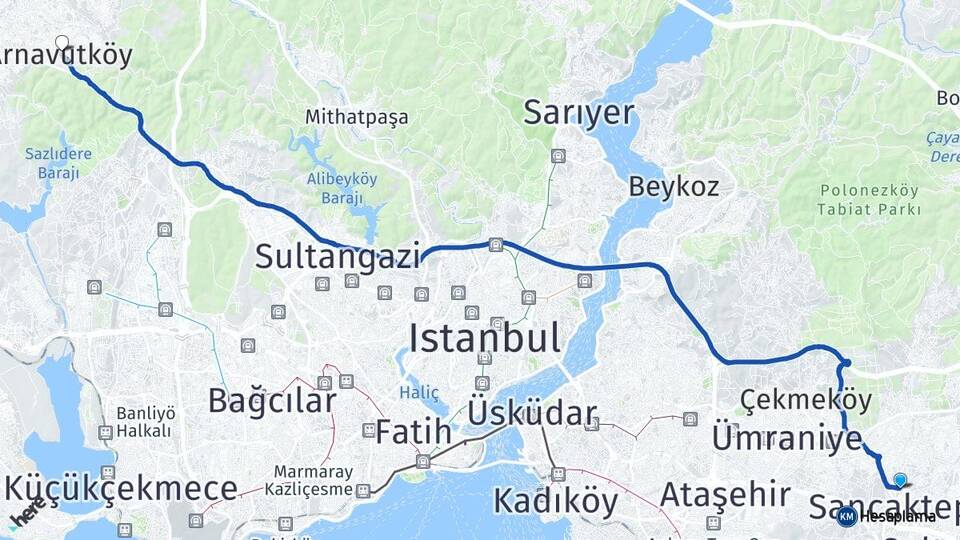 İstanbul Sancaktepe Samandıra Arnavutköy Arası Kaç Km - Yol Haritası