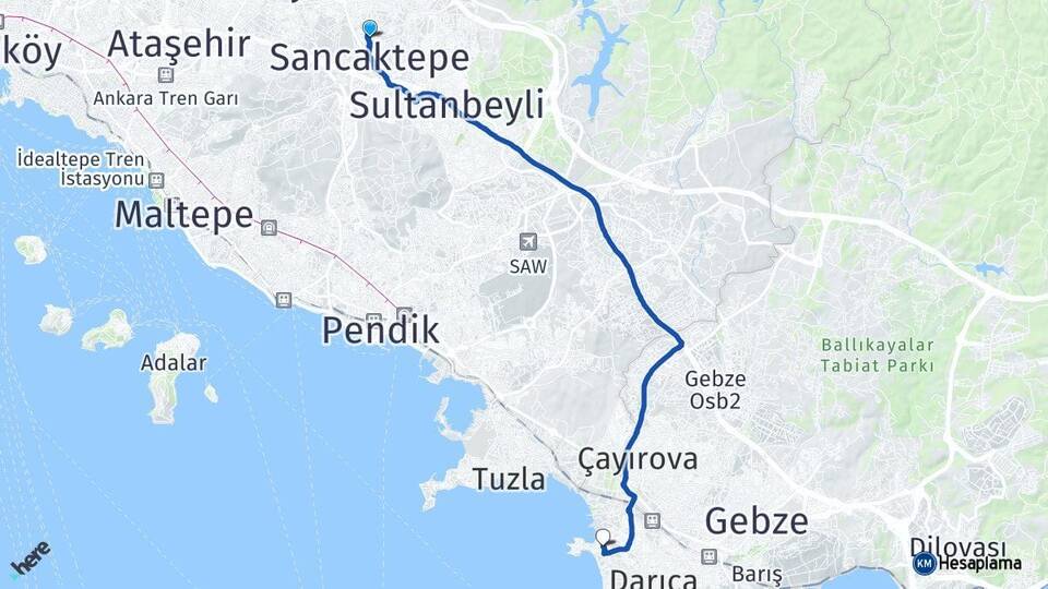 İstanbul Sancaktepe Samandıra Bayramoğlu Darıca Kocaeli Arası Kaç Km - Yol Haritası