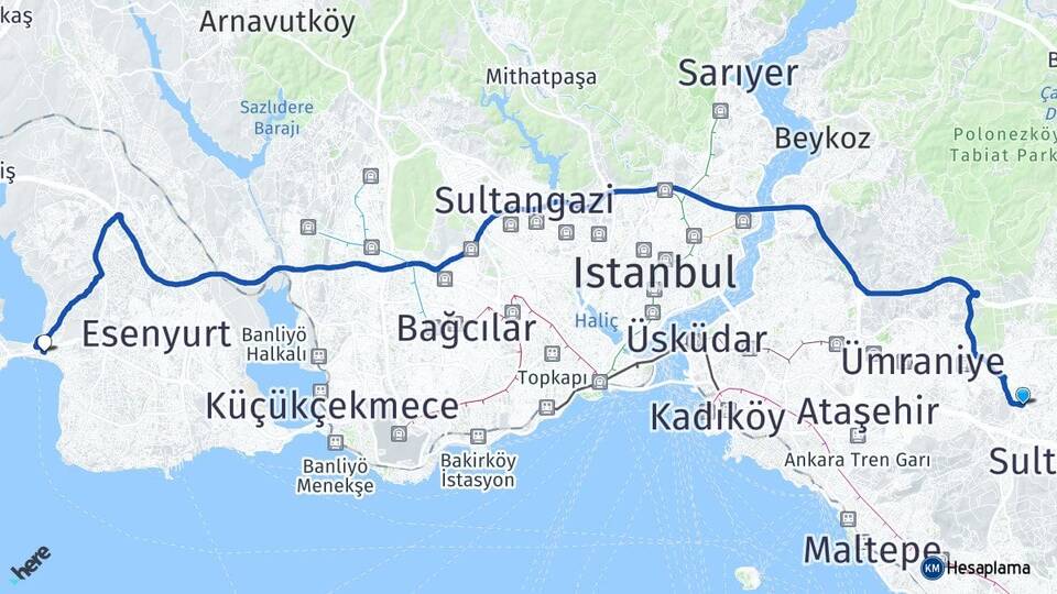 İstanbul Sancaktepe Samandıra Büyükçekmece Arası Kaç Km - Yol Haritası