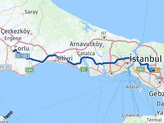 İstanbul Sancaktepe Samandıra Çorlu Tekirdağ Arası Kaç Km - Yol Haritası