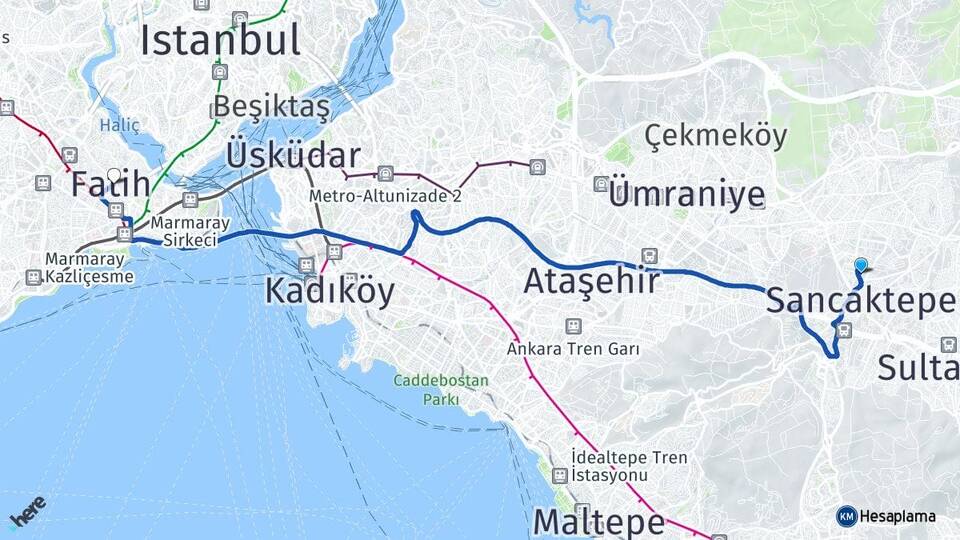 İstanbul Sancaktepe Samandıra Fatih Arası Kaç Km - Yol Haritası