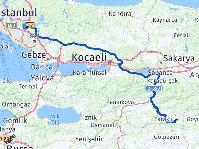 İstanbul Sancaktepe Samandıra Taraklı Sakarya Arası Kaç Km - Yol Haritası