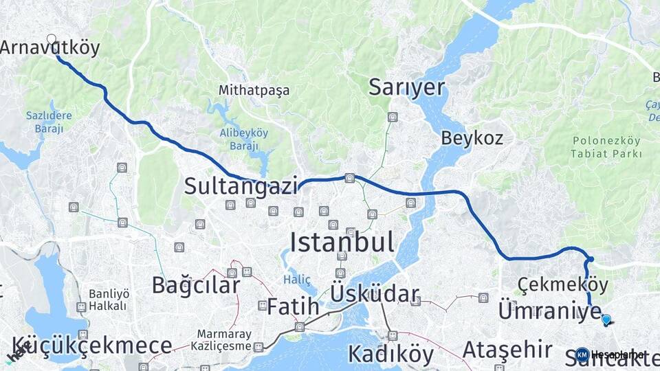 İstanbul Sancaktepe Sarıgazi Arnavutköy Arası Kaç Km - Yol Haritası
