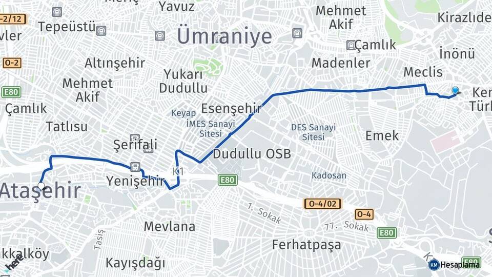 İstanbul Sancaktepe Sarıgazi Ataşehir Arası Kaç Km - Yol Haritası