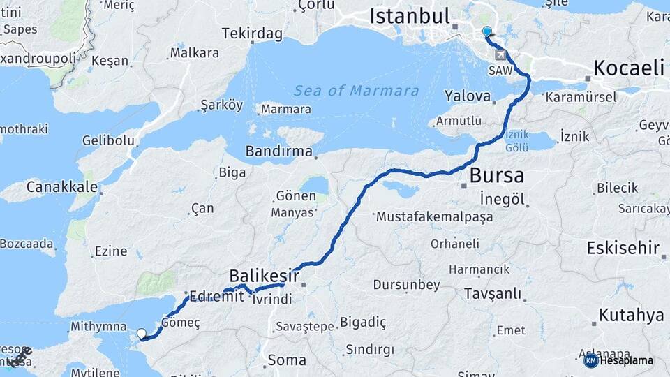 İstanbul Sancaktepe Sarıgazi Ayvalık Balıkesir Arası Kaç Km - Yol Haritası
