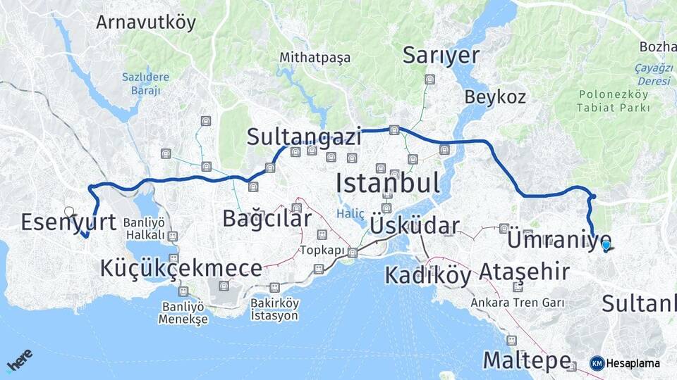 İstanbul Sancaktepe Sarıgazi Esenyurt Arası Kaç Km - Yol Haritası