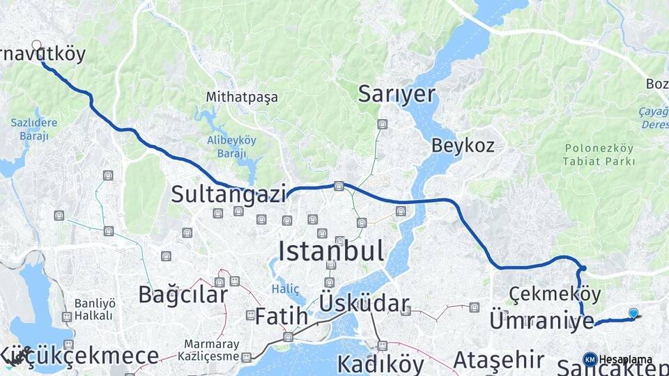 İstanbul Sancaktepe Yenidoğan Arnavutköy Arası Kaç Km - Yol Haritası