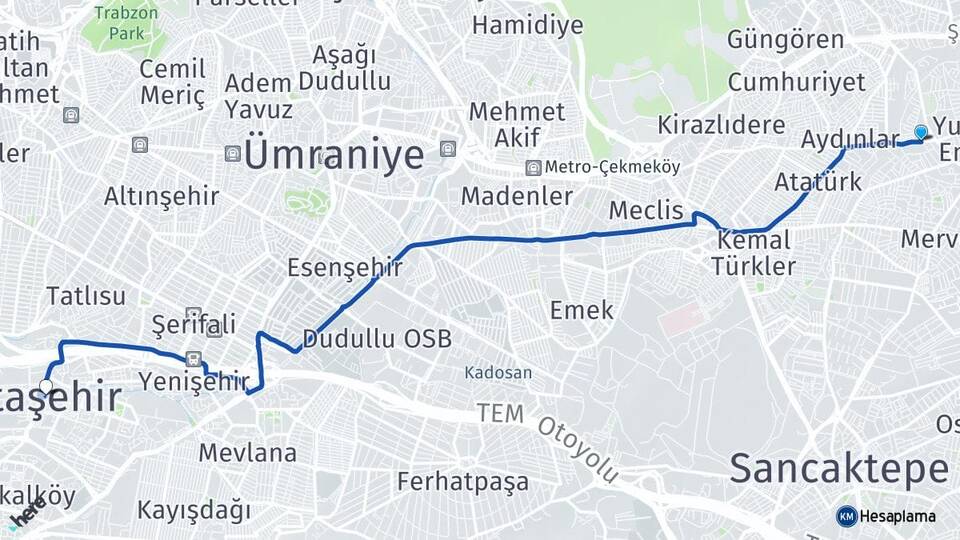 İstanbul Sancaktepe Yenidoğan Ataşehir Arası Kaç Km - Yol Haritası
