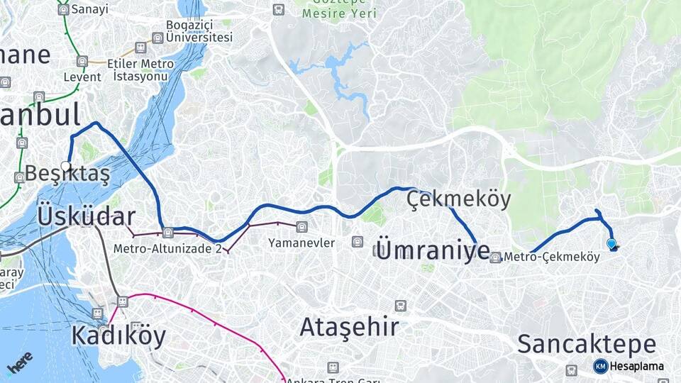 İstanbul Sancaktepe Yenidoğan Beşiktaş Arası Kaç Km - Yol Haritası