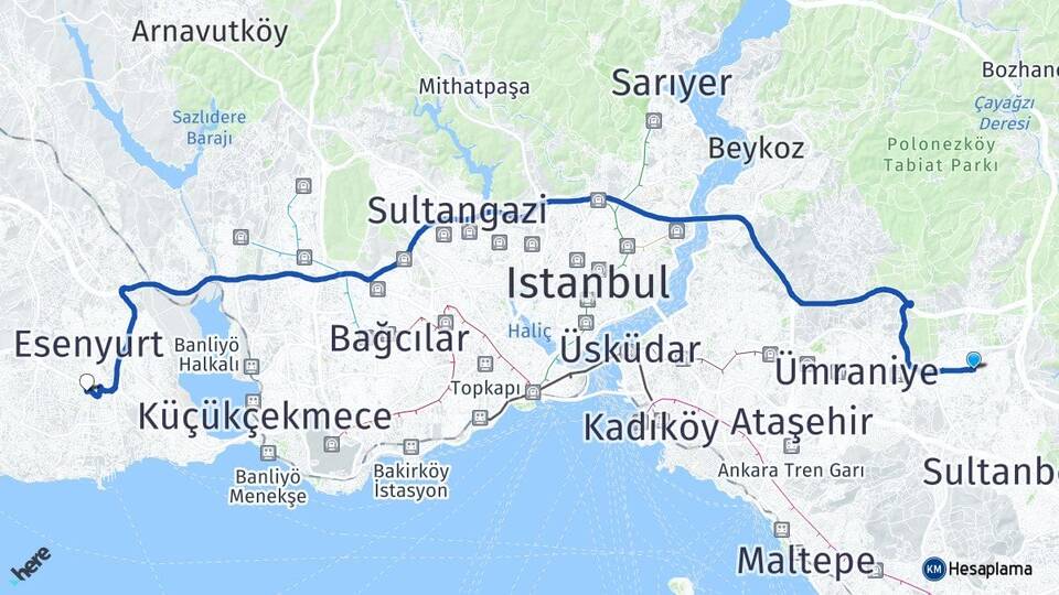 İstanbul Sancaktepe Yenidoğan Beylikdüzü Arası Kaç Km - Yol Haritası