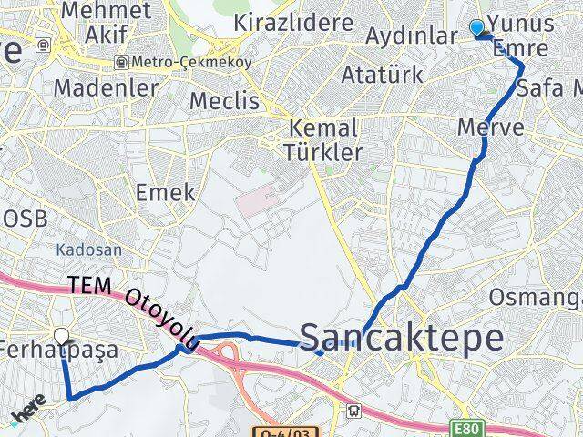 İstanbul Sancaktepe Yenidoğan Ferhatpaşa Ataşehir Arası Kaç Km - Yol Haritası