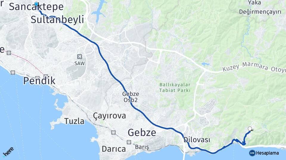 İstanbul Sancaktepe Yukarı Hereke Körfez Kocaeli Arası Kaç Km - Yol Haritası