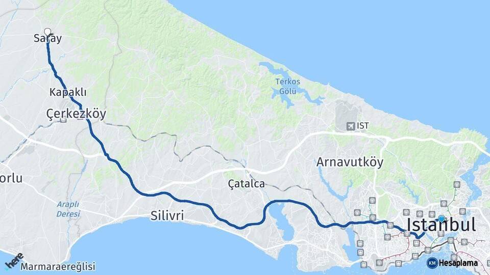 İstanbul Saray Tekirdağ Arası Kaç Km - Yol Haritası