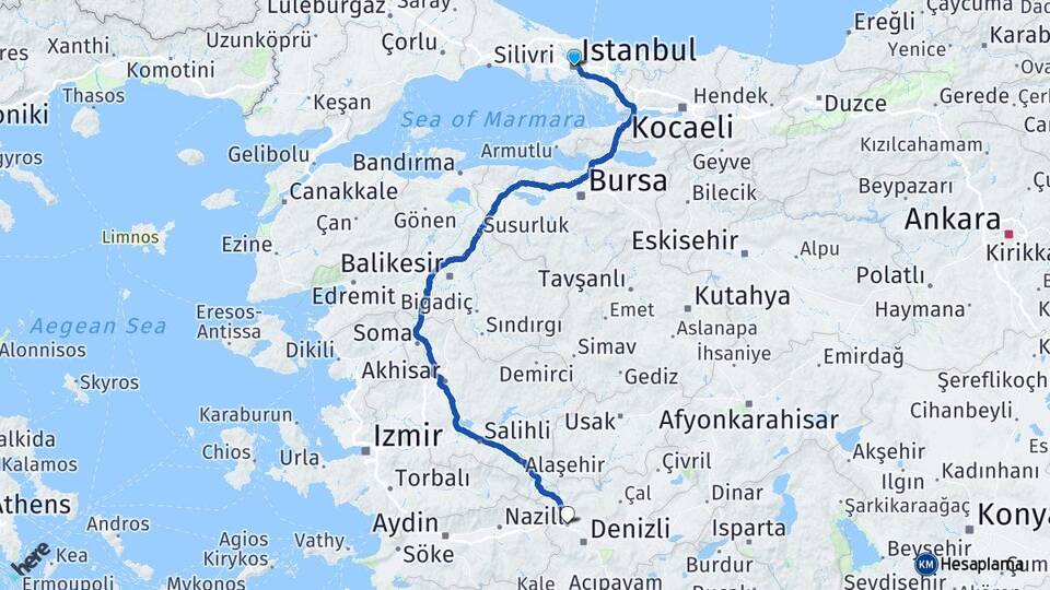 İstanbul Sarayköy Denizli Arası Kaç Km - Yol Haritası