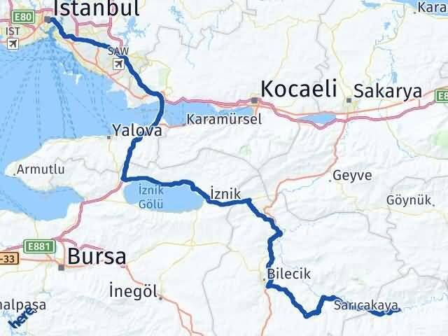 İstanbul Sarıcakaya Eskişehir Arası Kaç Km - Yol Haritası