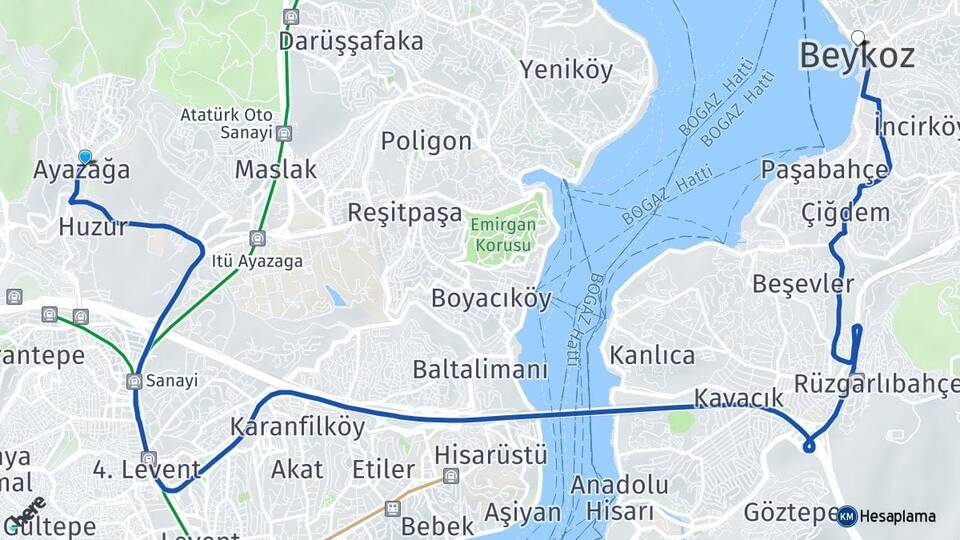 İstanbul Sarıyer Ayazağa Beykoz Arası Kaç Km - Yol Haritası