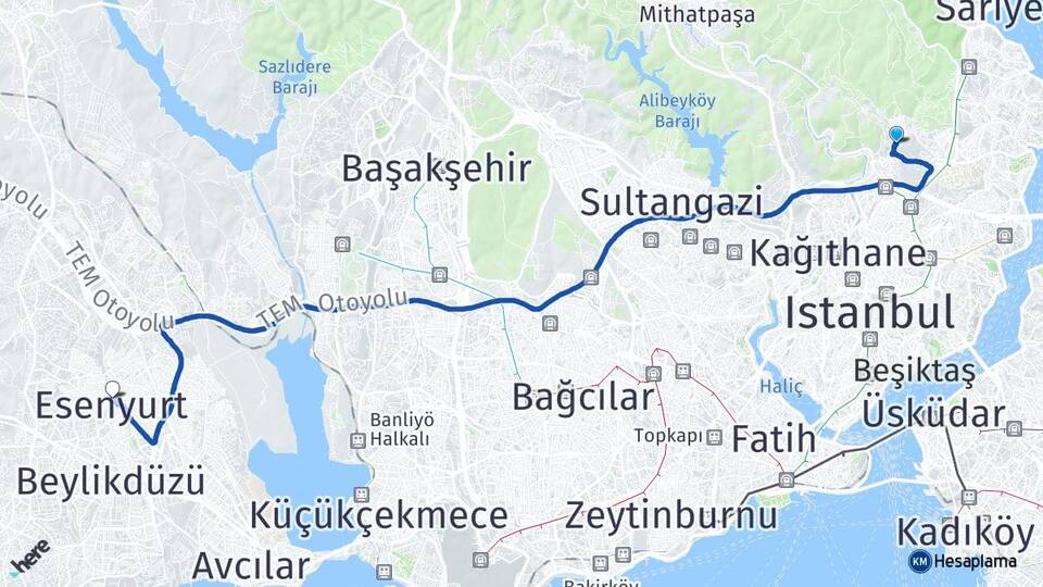 İstanbul Sarıyer Ayazağa Esenyurt Arası Kaç Km - Yol Haritası