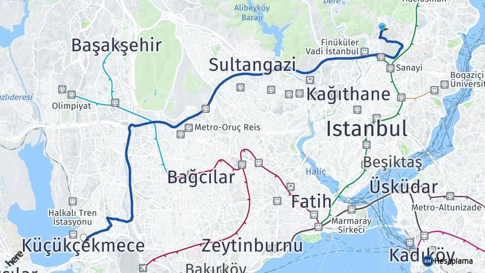İstanbul Sarıyer Ayazağa Küçükçekmece Arası Kaç Km - Yol Haritası