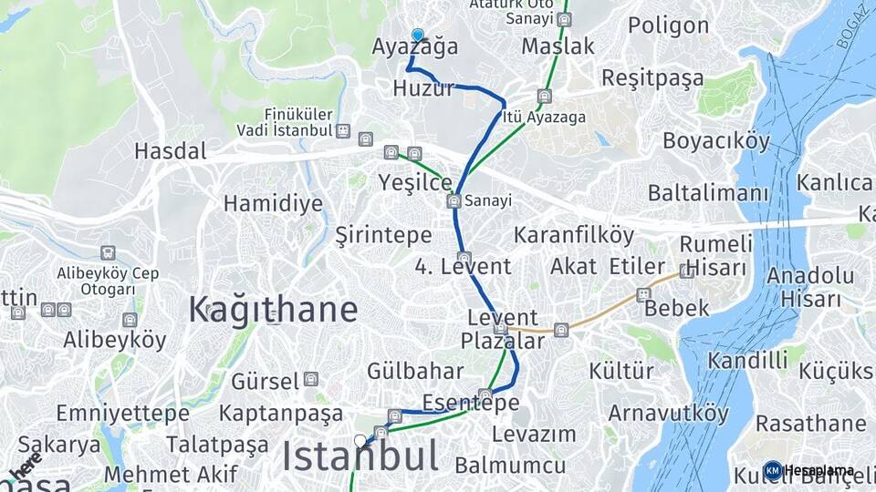 İstanbul Sarıyer Ayazağa Şişli Arası Kaç Km - Yol Haritası