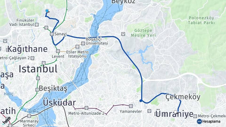 İstanbul Sarıyer Ayazağa Ümraniye Arası Kaç Km - Yol Haritası