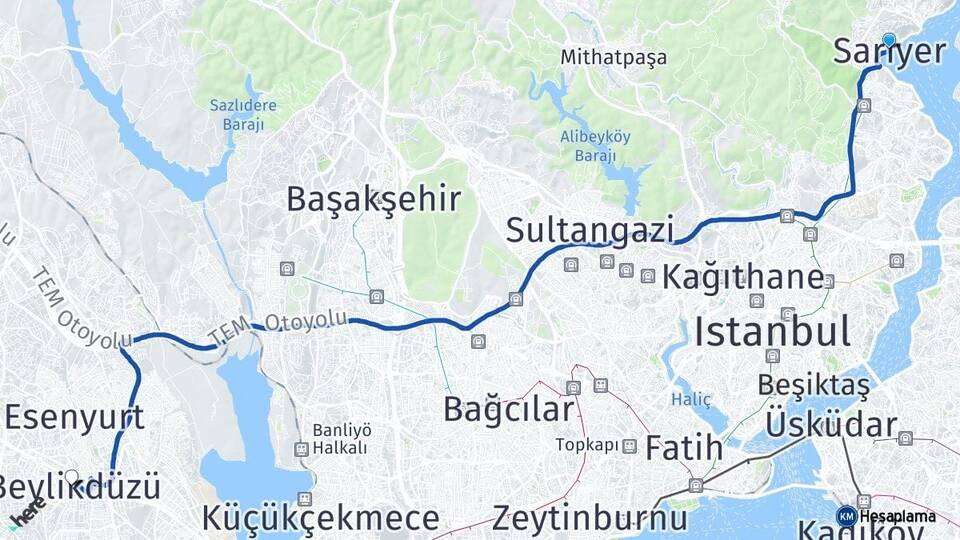 İstanbul Sarıyer Beylikdüzü Arası Kaç Km - Yol Haritası