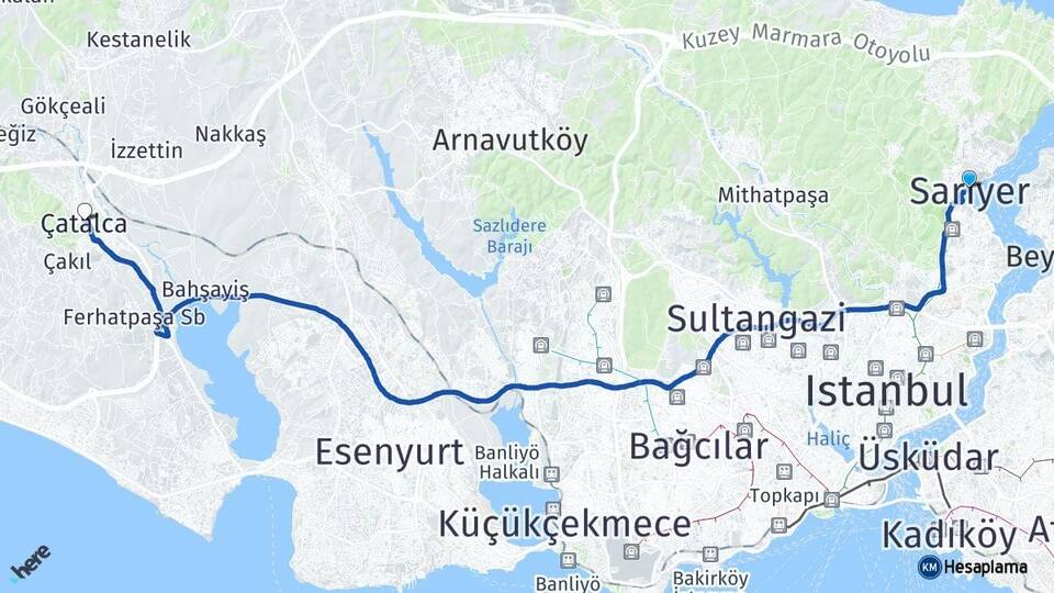 İstanbul Sarıyer Çatalca Arası Kaç Km - Yol Haritası