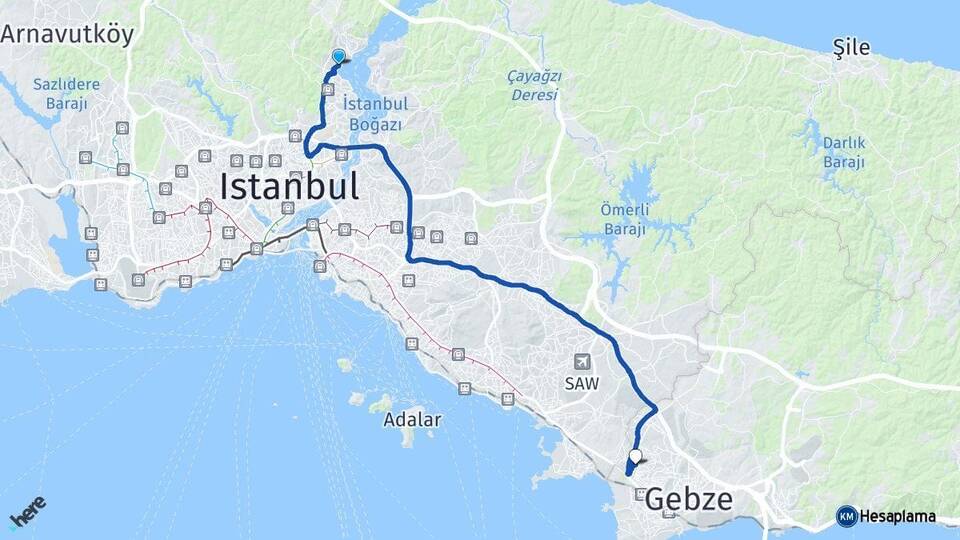 İstanbul Sarıyer Çayırova Kocaeli Arası Kaç Km - Yol Haritası
