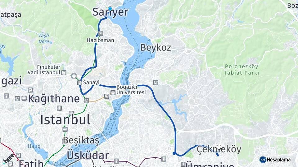 İstanbul Sarıyer Çekmeköy Arası Kaç Km - Yol Haritası