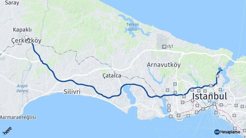 İstanbul Sarıyer Çerkezköy Tekirdağ Arası Kaç Km - Yol Haritası