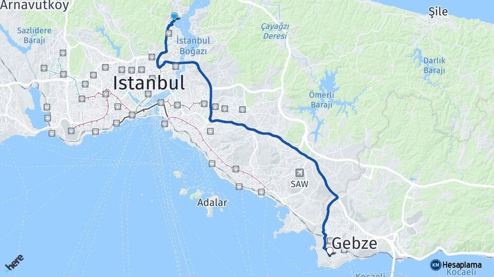 İstanbul Sarıyer Darıca Kocaeli Arası Kaç Km - Yol Haritası