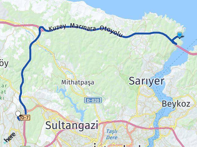 İstanbul Sarıyer Garipçe Başakşehir Arası Kaç Km - Yol Haritası