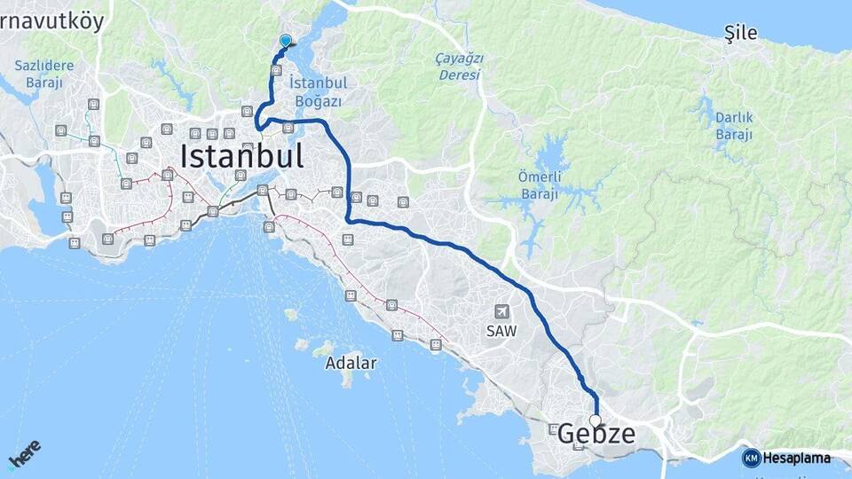 İstanbul Sarıyer Gebze Kocaeli Arası Kaç Km - Yol Haritası
